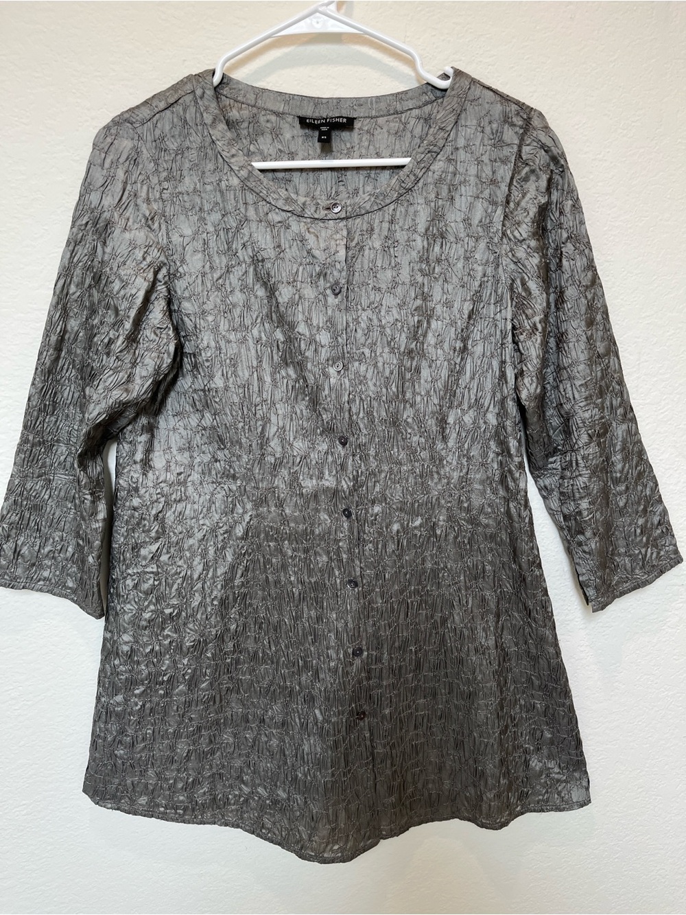Eileen Fisher Silk Crinkled Silver/Gray Button-Front Tunic Top